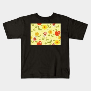 Cottagecore Worms and Mushrooms on Yellow Kids T-Shirt